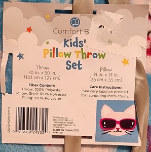 Kid's Cat Pillow and Cat Throw Set